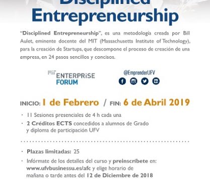 actualidad UFV Cartel Curso Disciplined Entrepreneurship 2019 417x357 actualidad UFV Estudiar en Universidad Privada Madrid